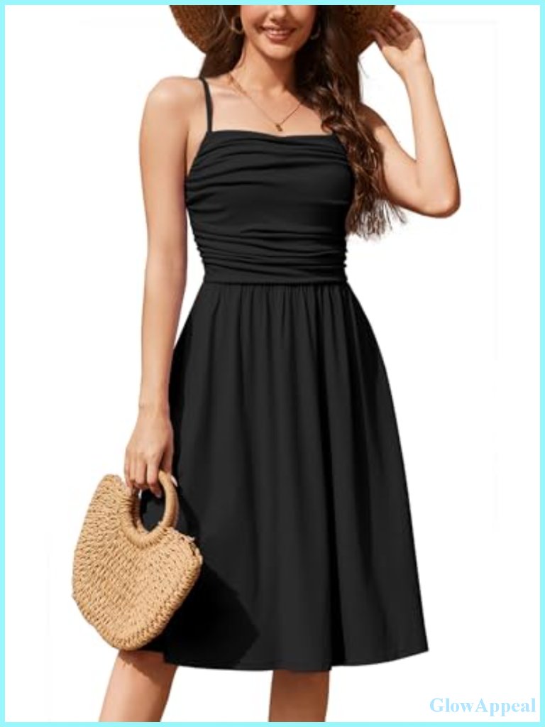 Sundress Square Neck Ruched A-Line Beach Dress With Pockets Adjustable Straps